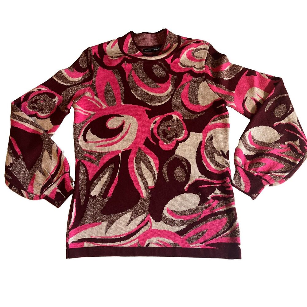 Boston Proper Pullover Sweater Womens S Pink Metallic Geometric Poly Wool Blend